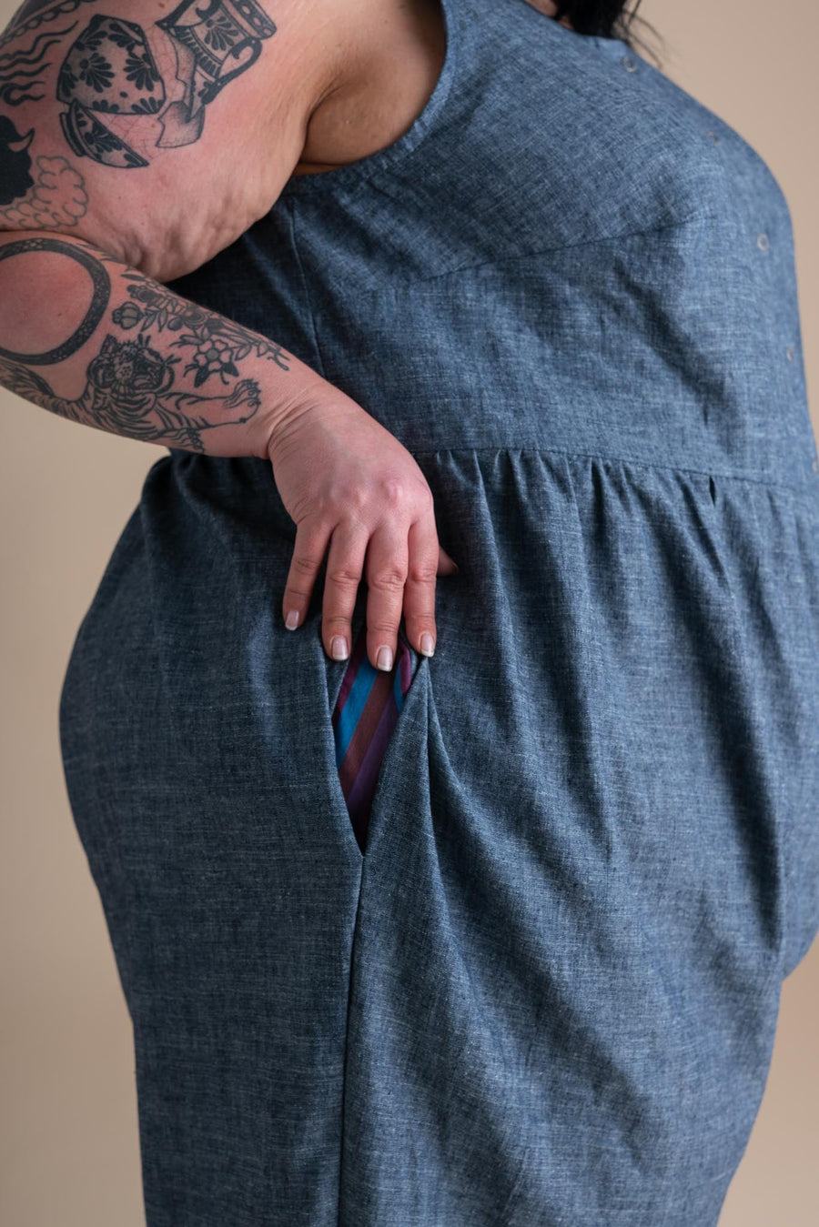 Conscious Clothing Backyard Jumpsuit in Indigo Chambray - plus size jumpsuit, product view