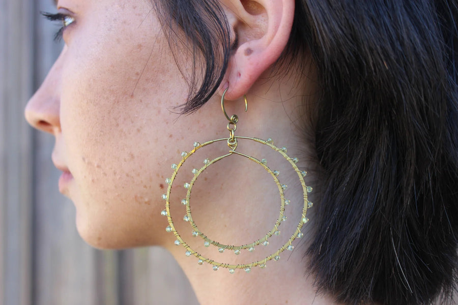 Brass Double Hoop Stone Earring | Turquoise