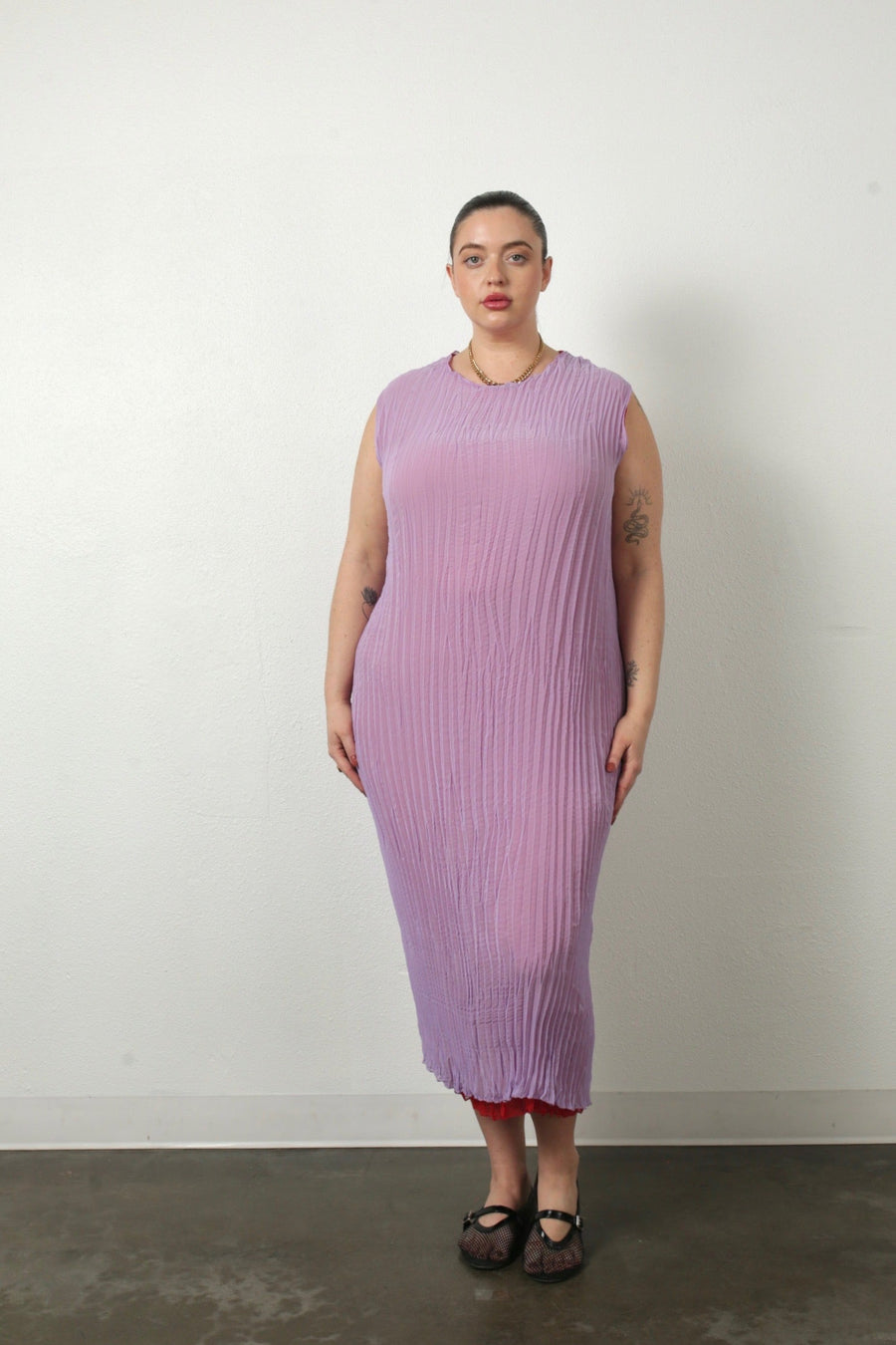 Jaya Pleated Dress- Reversible Lavender/ Lipstick Red