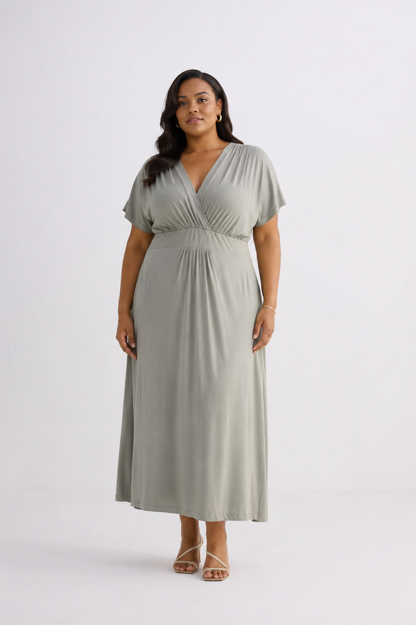Flowy A-Line Maxi Dress with Side Slits in Light Olive