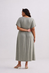 Flowy A-Line Maxi Dress with Side Slits in Light Olive