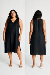 Side-by-side split view showing the front and back profile of a plus-size model in the black hemp dress, highlighting the clean, keyhole back closure and relaxed, inclusive tailoring.