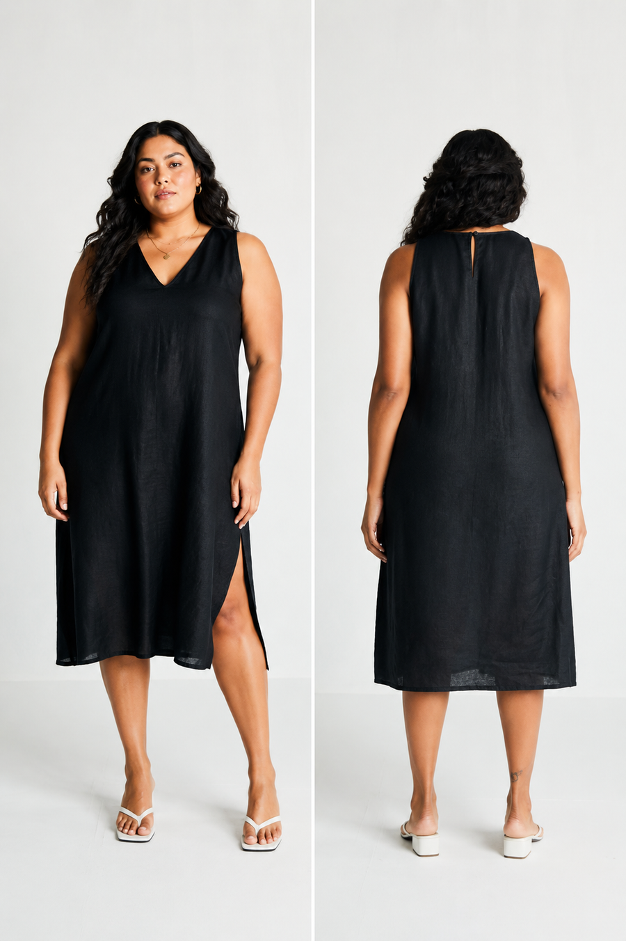 Side-by-side split view showing the front and back profile of a plus-size model in the black hemp dress, highlighting the clean, keyhole back closure and relaxed, inclusive tailoring.
