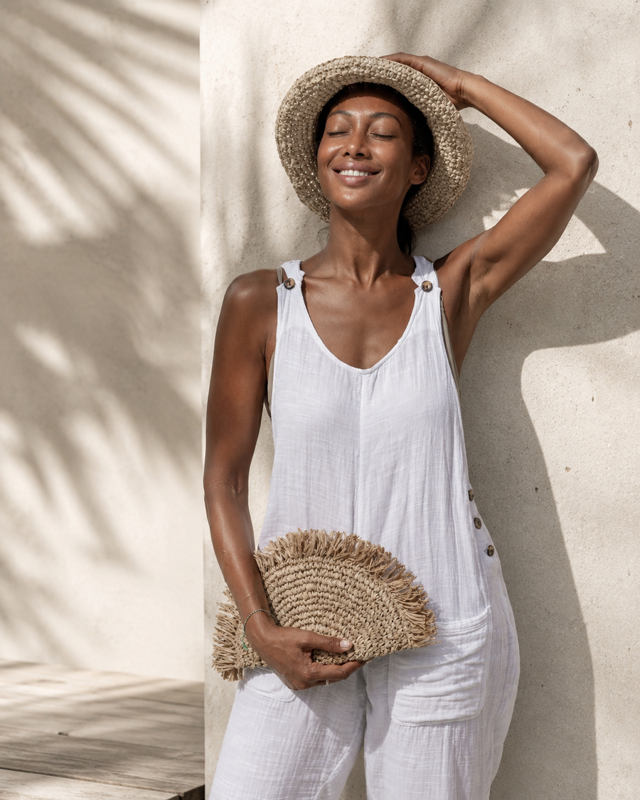 Village Thrive Seagrass Half Moon Clutch handcrafted from natural seagrass with a frayed edge design.