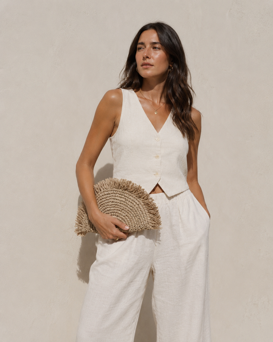 Village Thrive Seagrass Half Moon Clutch handcrafted from natural seagrass with a frayed edge design.