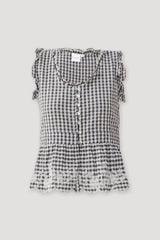 Embroidered Peplum Top in Grey Check
