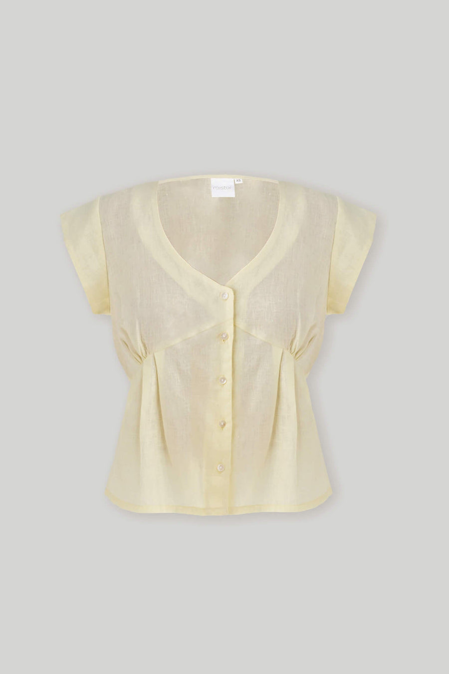 Centered product flat lay shot of Reistor's Deep V Neck Top in Butter Lemon against a plain grey background, clearly displaying the plunging neckline, front buttons, and short cap sleeves.