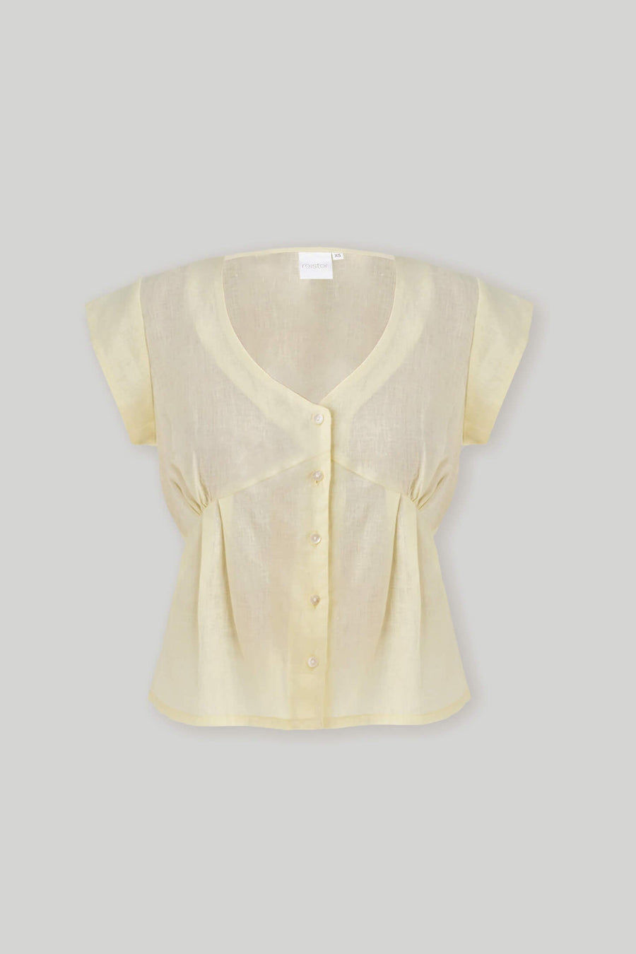 Centered product flat lay shot of Reistor's Deep V Neck Top in Butter Lemon against a plain grey background, clearly displaying the plunging neckline, front buttons, and short cap sleeves.