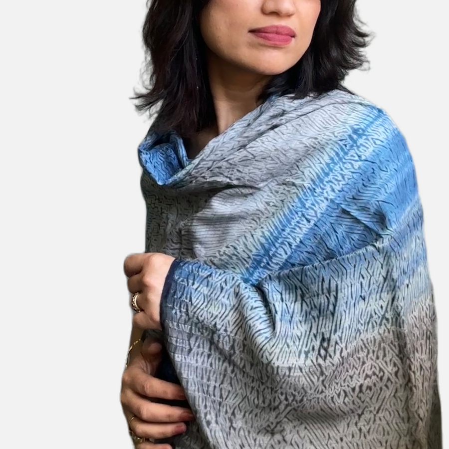 Fyoli Fyoli NEEL Silk Cotton Natural Indigo Shibori Stole in Indigo Needle Shibori - women's artisan scarf