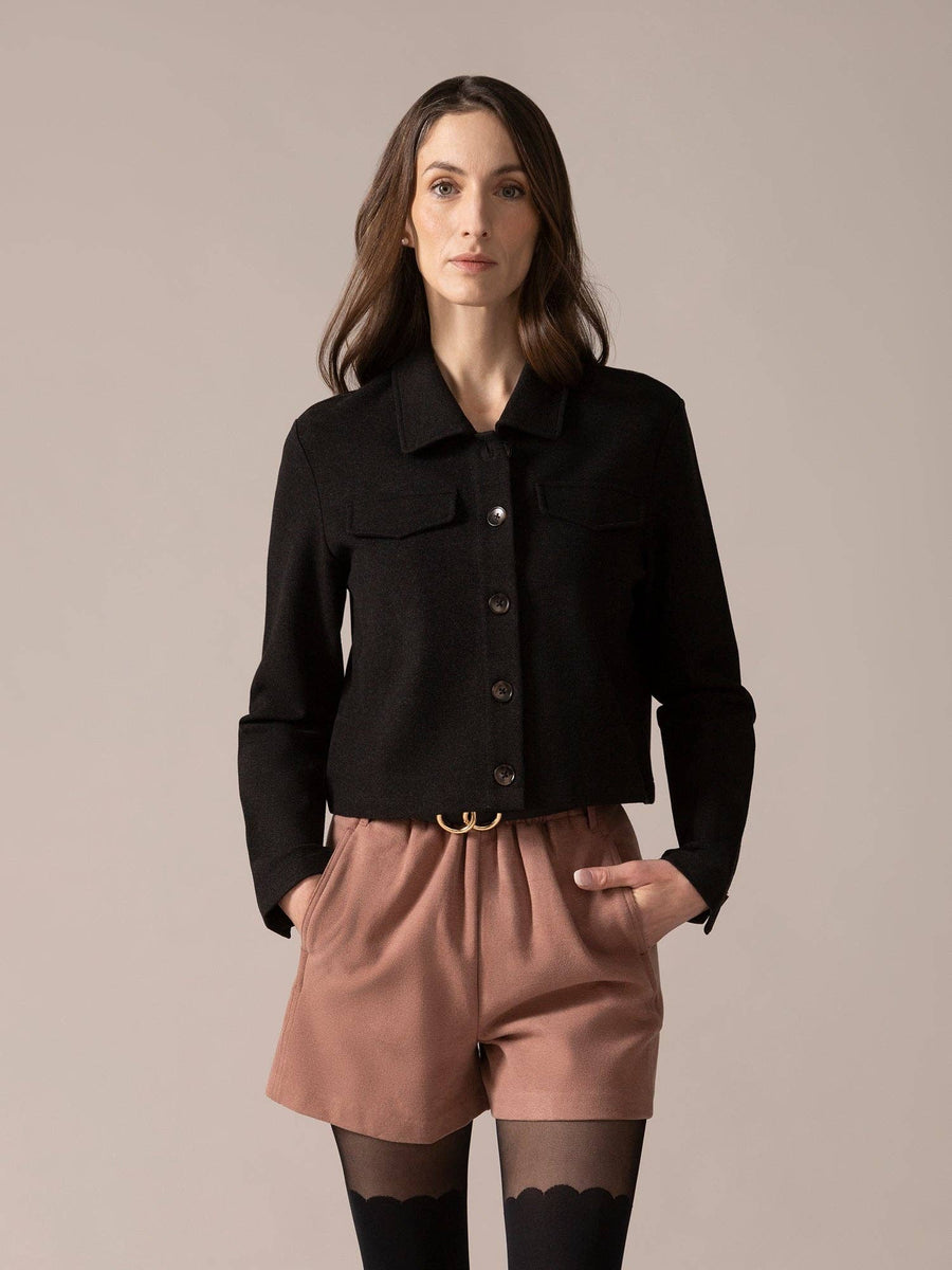 Cropped Brushed Knit Overshirt in Charcoal Mix
