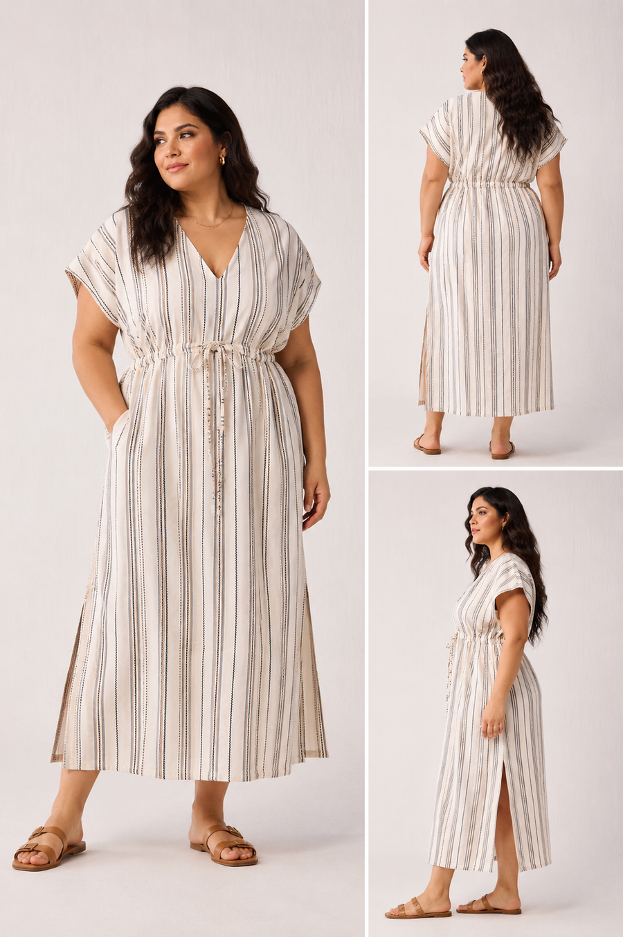 Maxi Gathered Dress with Side Slits in Stripes