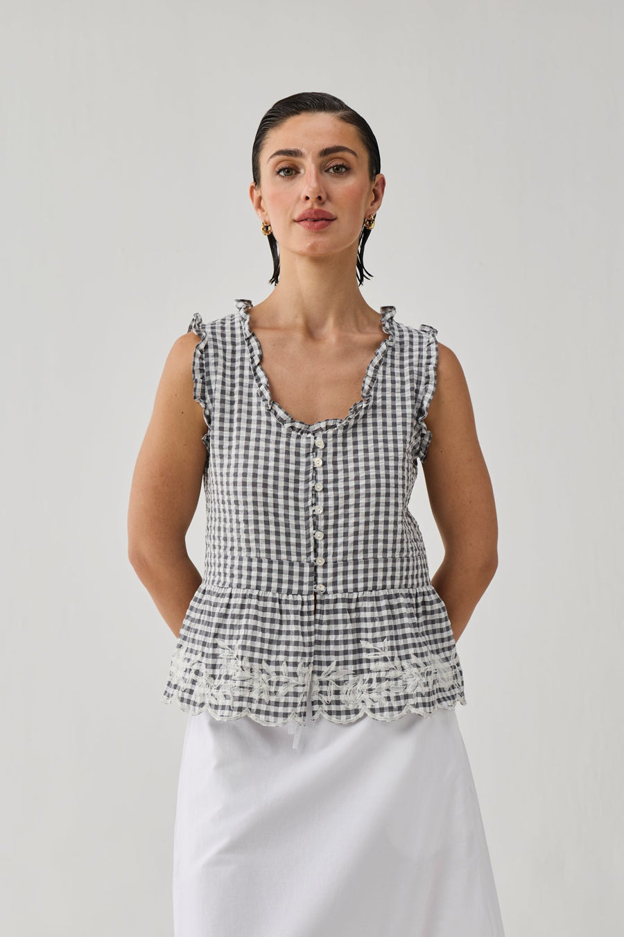 Embroidered Peplum Top in Grey Check