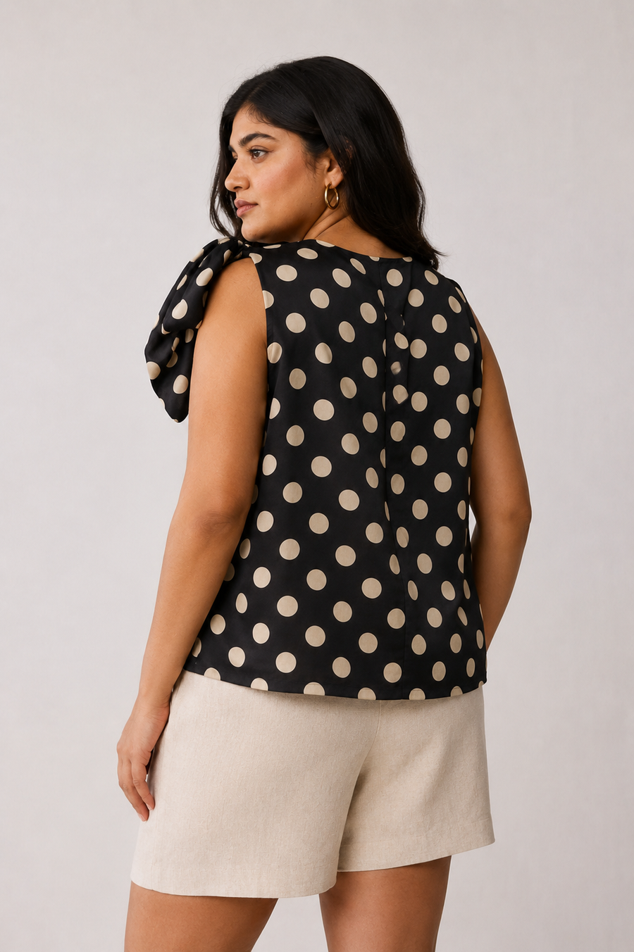 Regular V-Neck Polka Dot Top with Bow Detail