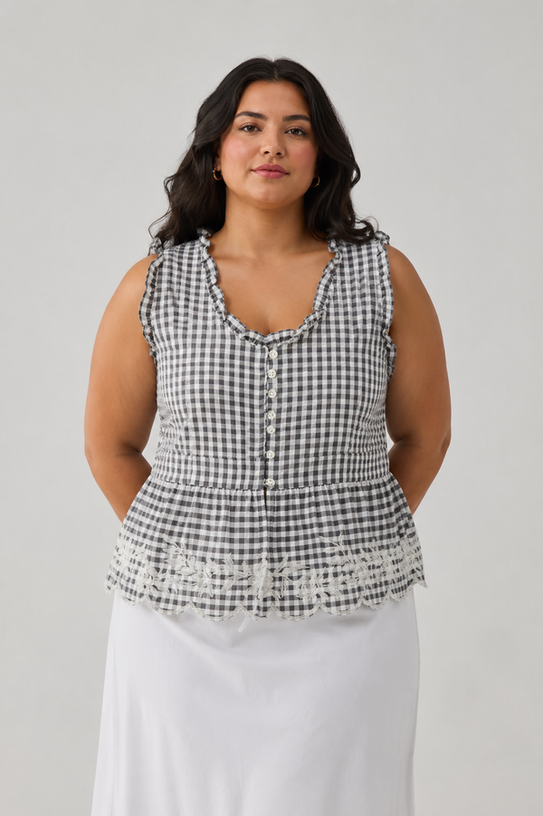 Embroidered Peplum Top in Grey Check