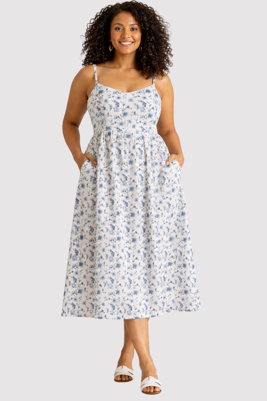 Reistor Strappy Gathered Midi Dress in Blue Floral - plus size midi dress, product view