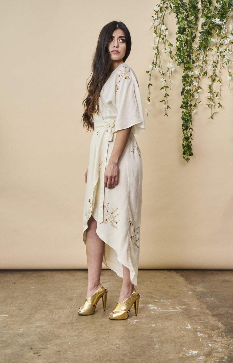 Symbology Clothing Hand Beaded Cherry Blossom Maxi Wrap in Ivory + Antique Gold - plus size garment, product view