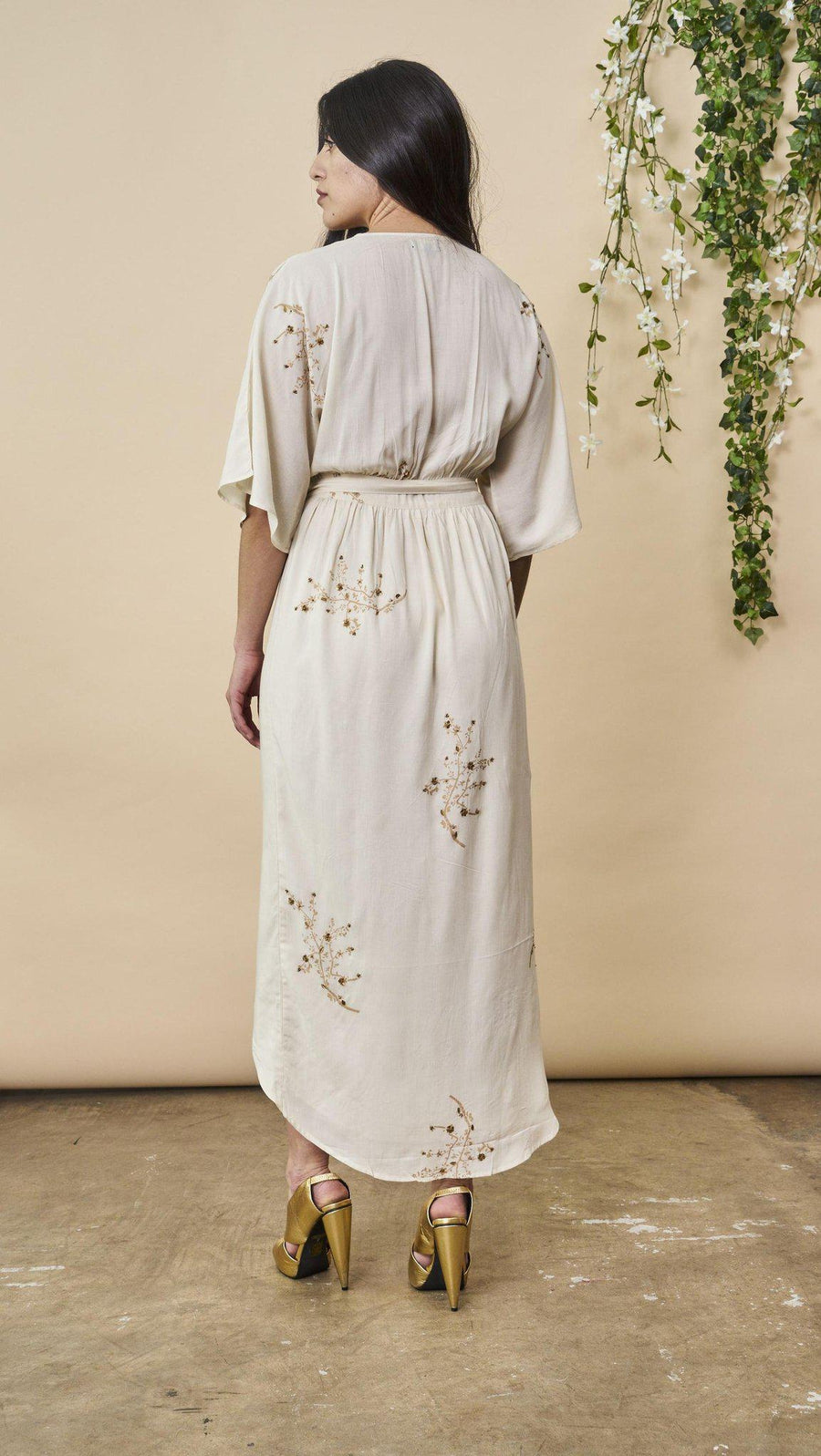 Symbology Clothing Hand Beaded Cherry Blossom Maxi Wrap in Ivory + Antique Gold - plus size garment, product view
