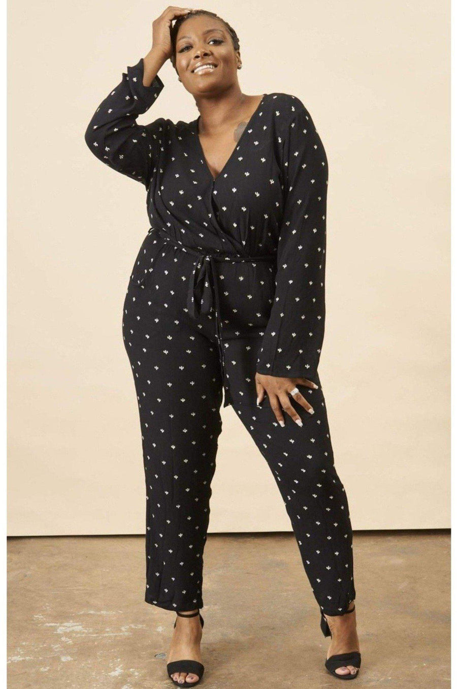 Symbology Clothing Baby Cacti Wrap Jumpsuit in Black & Ivory - plus size jumpsuit, product view