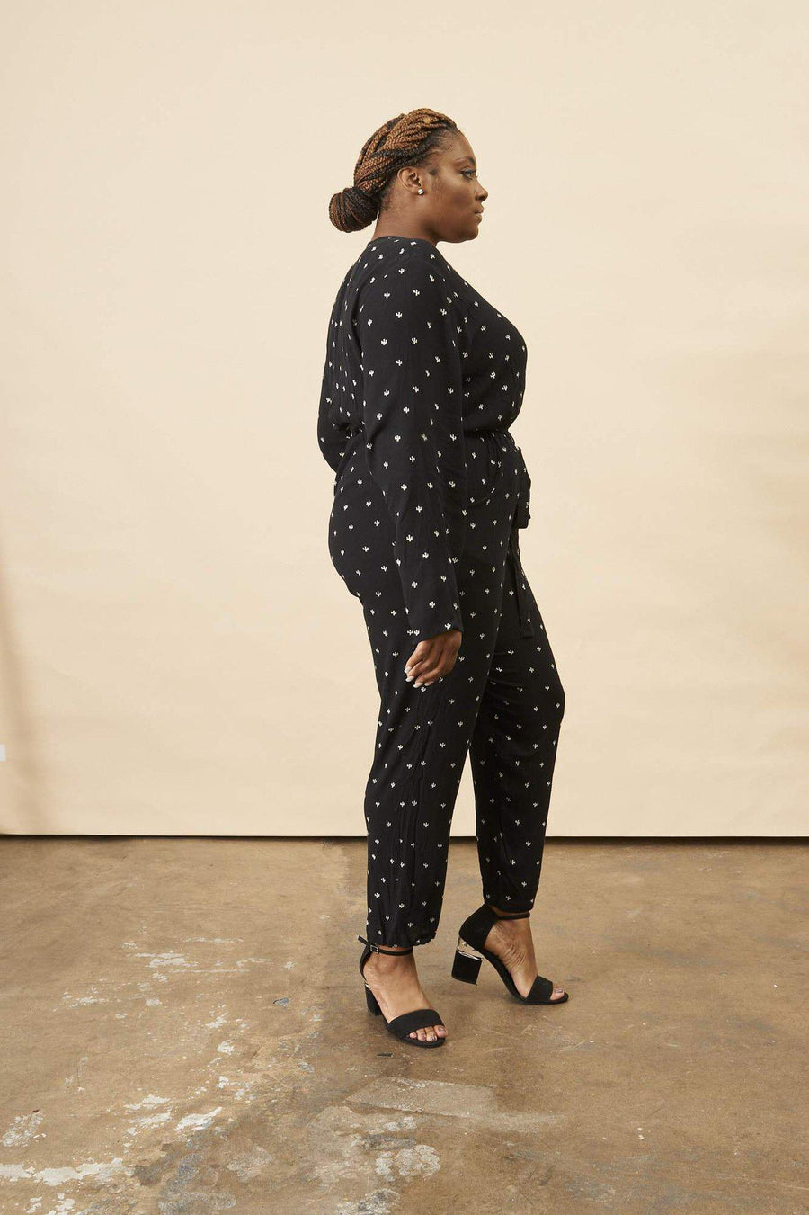 Symbology Clothing Baby Cacti Wrap Jumpsuit in Black & Ivory - plus size jumpsuit, product view