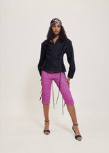Hilary MacMillan Lace Up Exaggerated Sleeve Denim Jacket in Blue - size-inclusive women's clothing