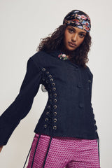Hilary MacMillan Lace Up Exaggerated Sleeve Denim Jacket in Blue - size-inclusive women's clothing