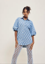 Hilary MacMillan Denim Lace Puff Sleeve Blouse in Blue - size-inclusive women's clothing