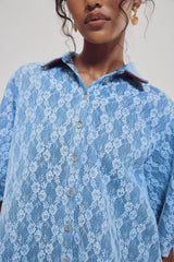 Hilary MacMillan Denim Lace Puff Sleeve Blouse in Blue - size-inclusive women's clothing