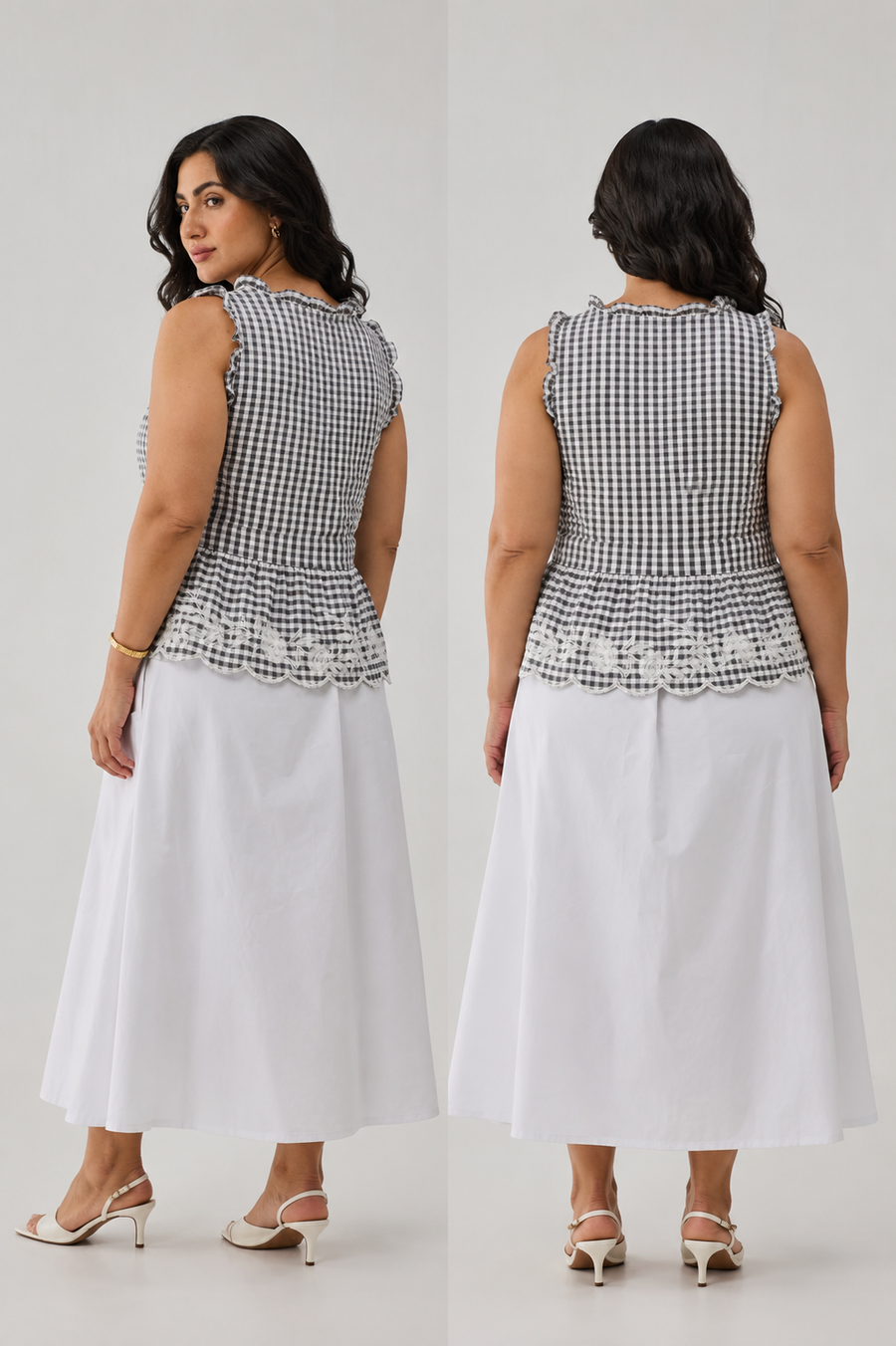 Embroidered Peplum Top in Grey Check