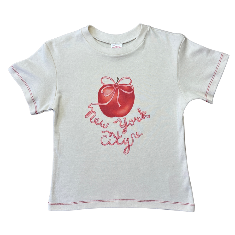 Fruit Face Big Apple baby tee with red New York City apple graphic