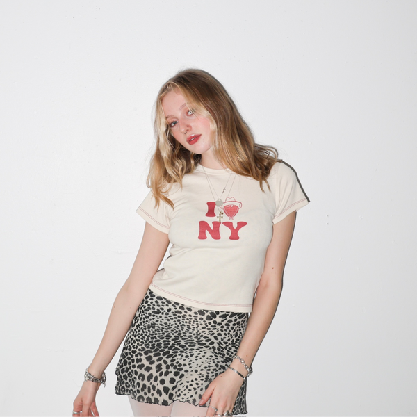 Model wearing Fruit Face I Love NY New York baby tee
