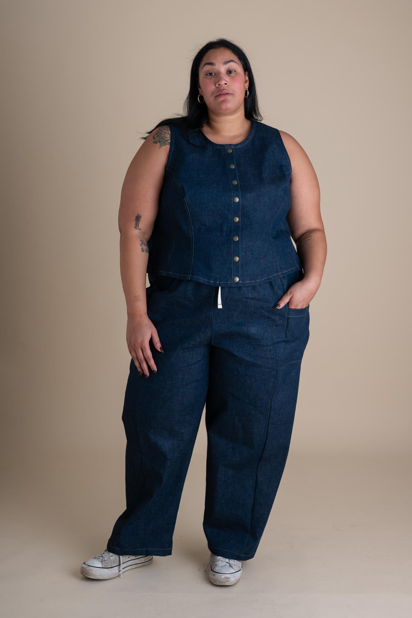 Conscious Clothing Katherine Vest in Cone Denim - plus size vest, product view