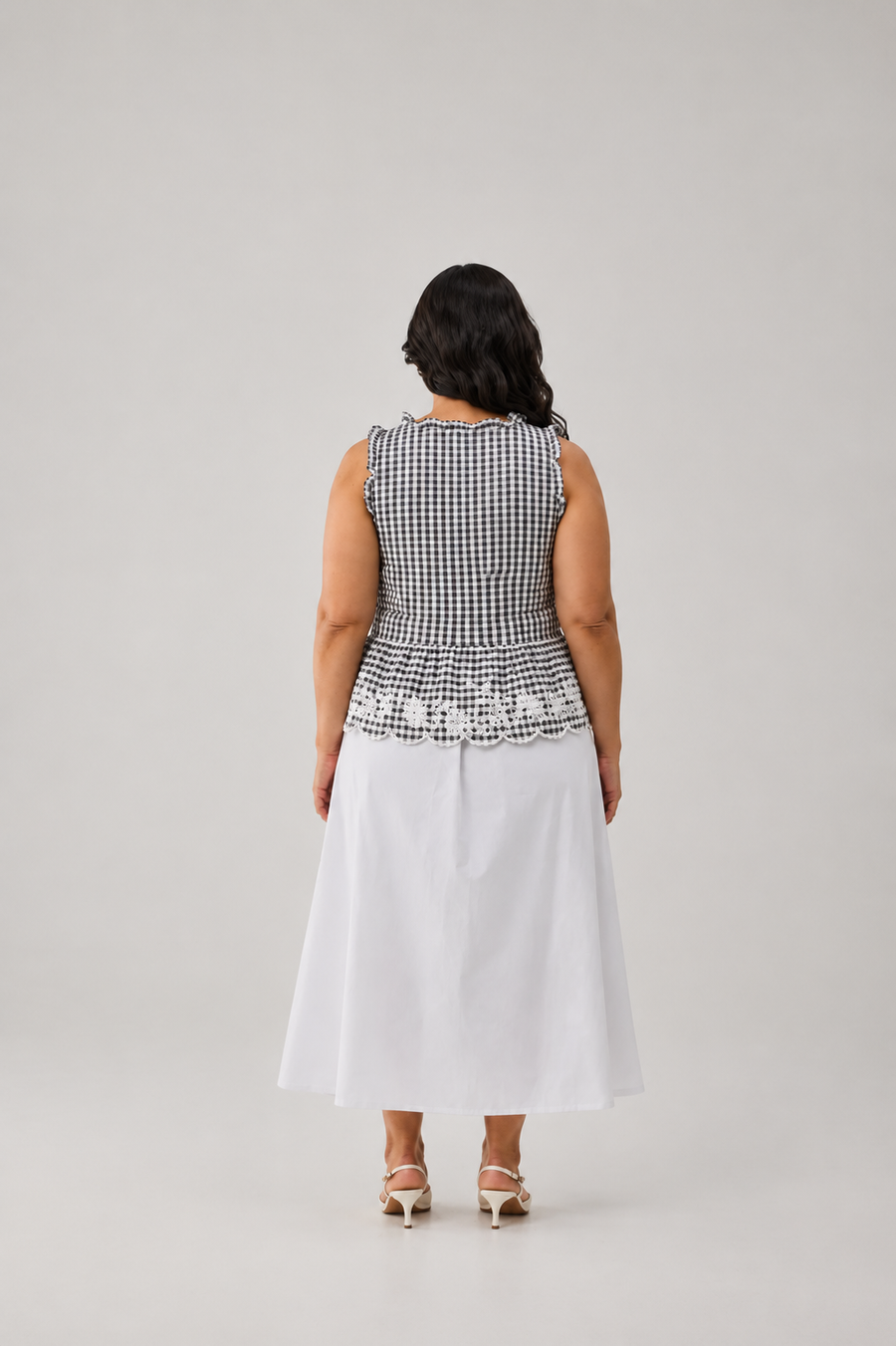 Embroidered Peplum Top in Grey Check