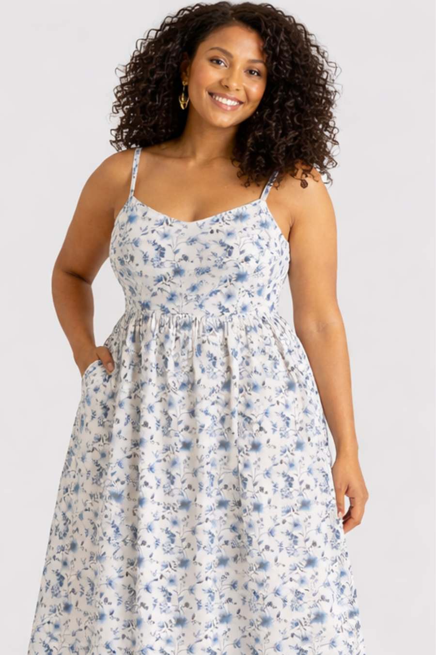 Reistor Strappy Gathered Midi Dress in Blue Floral - plus size midi dress, product view