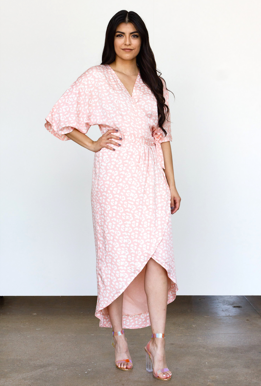 Symbology Clothing Leopard Maxi Wrap Dress in Blush + Cream - plus size dress, product view