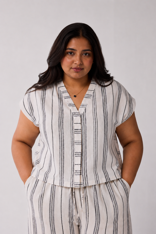 Relaxed V-neck Top in Stripes