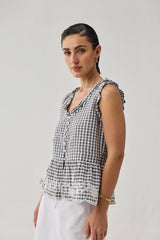 Embroidered Peplum Top in Grey Check