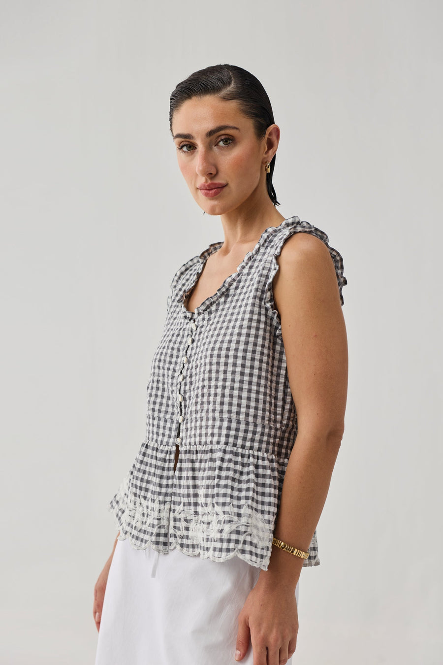Embroidered Peplum Top in Grey Check