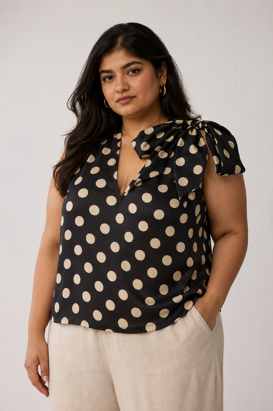 Regular V-Neck Polka Dot Top with Bow Detail