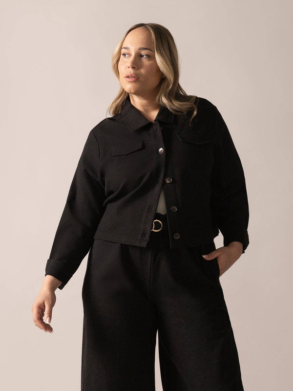 Cropped Brushed Knit Overshirt in Charcoal Mix