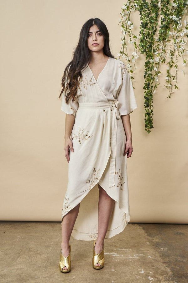 Symbology Clothing Hand Beaded Cherry Blossom Maxi Wrap in Ivory + Antique Gold - plus size garment, product view