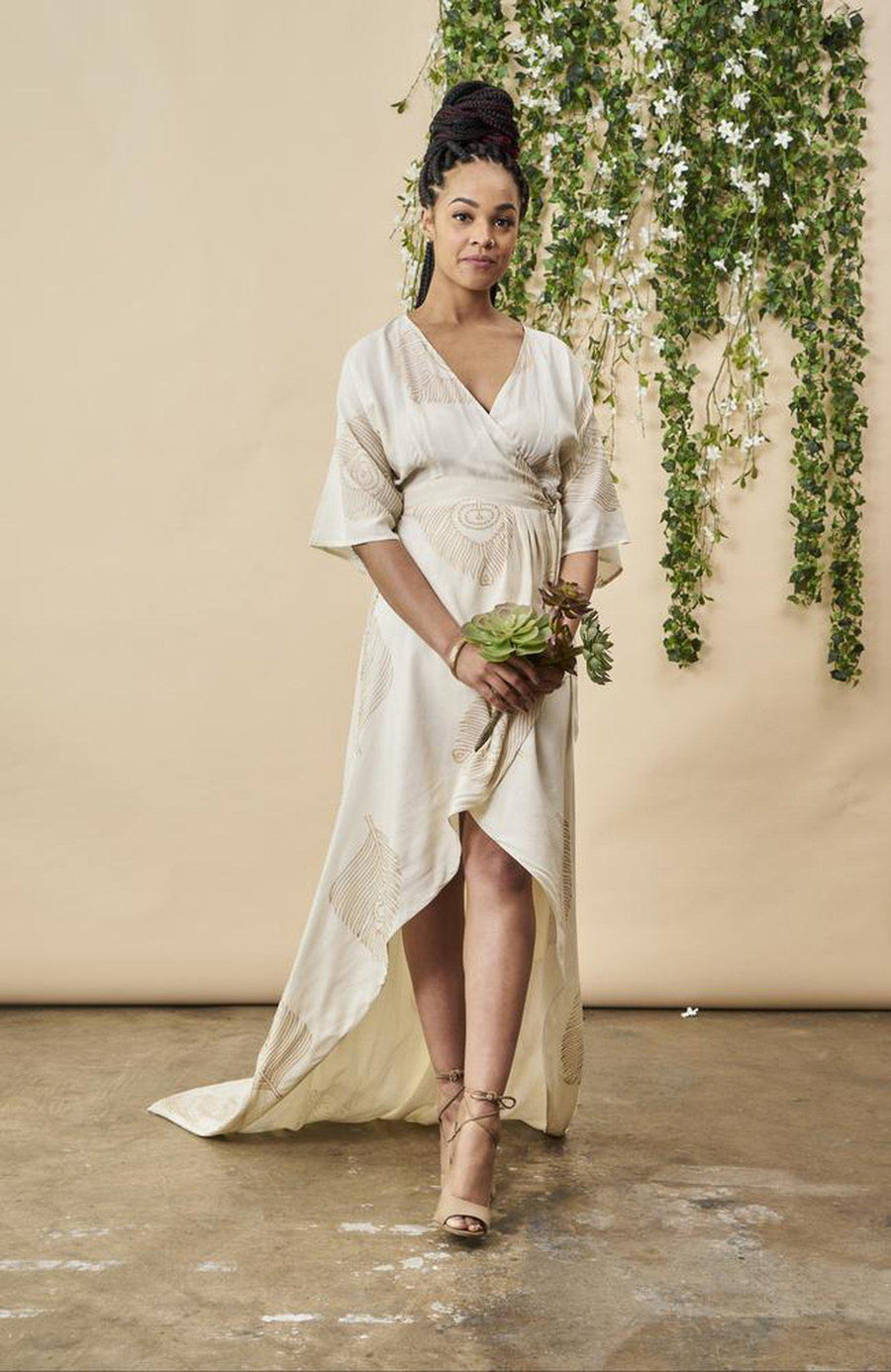 Symbology Clothing Peacock Feather Maxi Wrap Dress W/ Train in Cream + Gold - plus size dress, product view