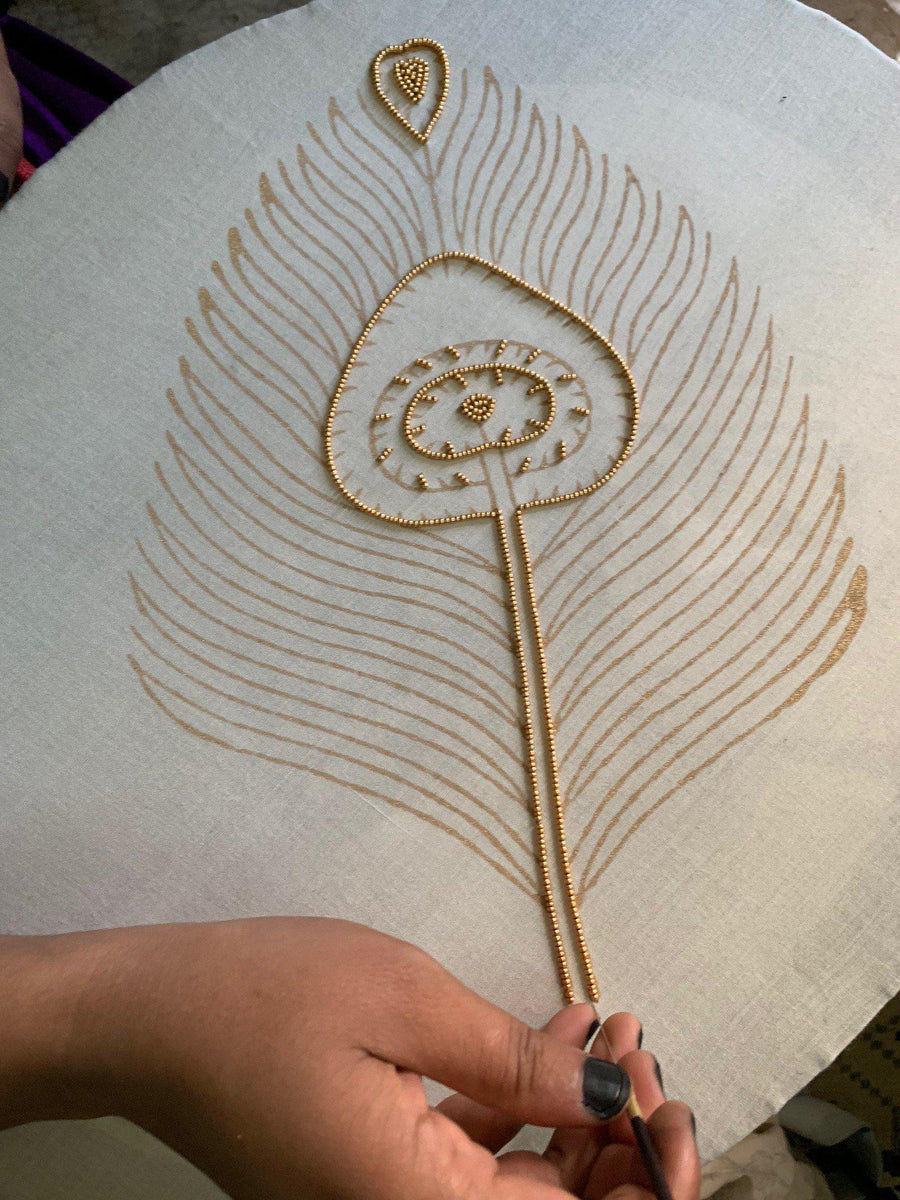 Symbology Clothing Peacock Feather Maxi Wrap Dress W/ Train in Cream + Gold - plus size dress, product view
