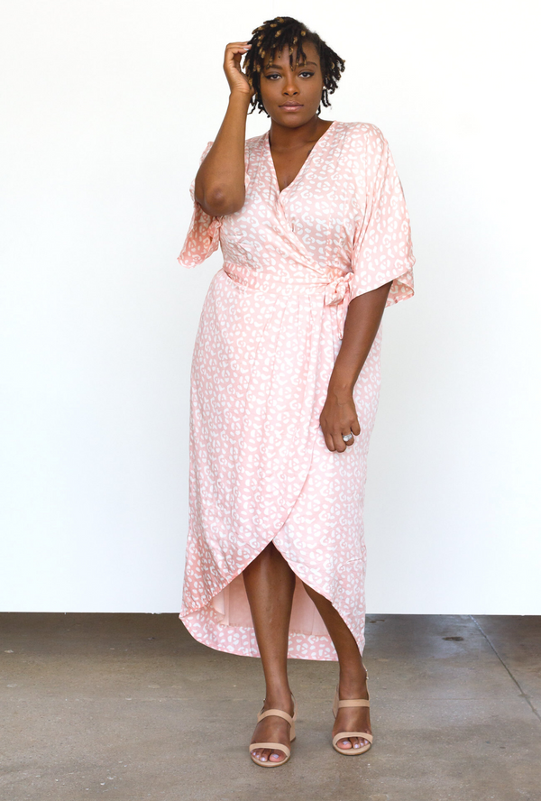 Symbology Clothing Leopard Maxi Wrap Dress in Blush + Cream - plus size dress, product view