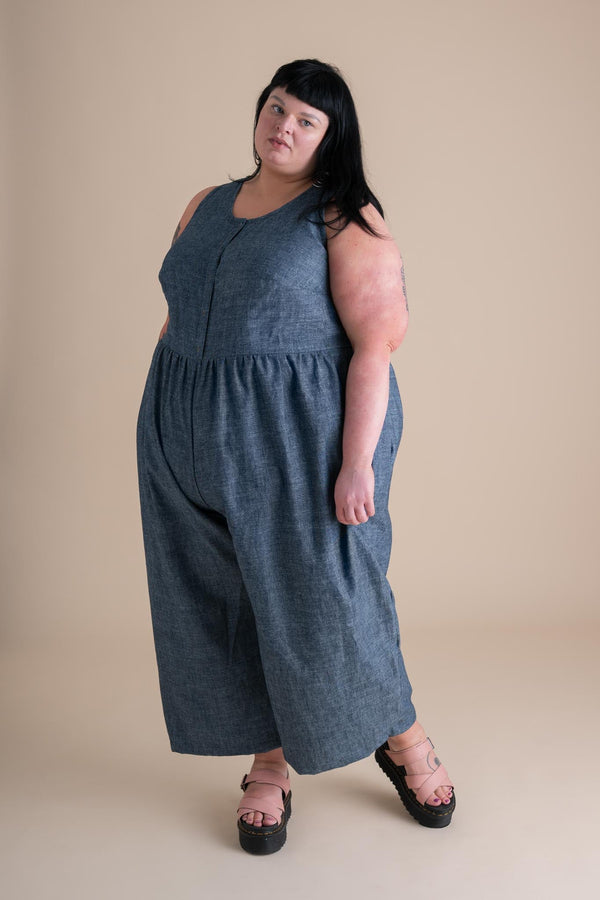 Conscious Clothing Backyard Jumpsuit in Indigo Chambray - plus size jumpsuit, product view