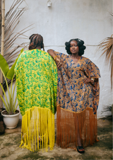 Besida Palm Green & Yellow Fringe Kaftan Dress and Palm Brown & Blue Fringe Kaftan Dress - size-inclusive women's dresses on two models
