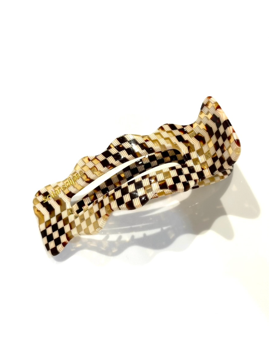 Solar Eclipse Scalloped Lay Down Acetate Claw Hair Clip in Biege Check - handcrafted hair clip