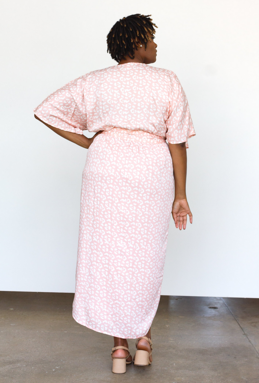 Symbology Clothing Leopard Maxi Wrap Dress in Blush + Cream - plus size dress, product view