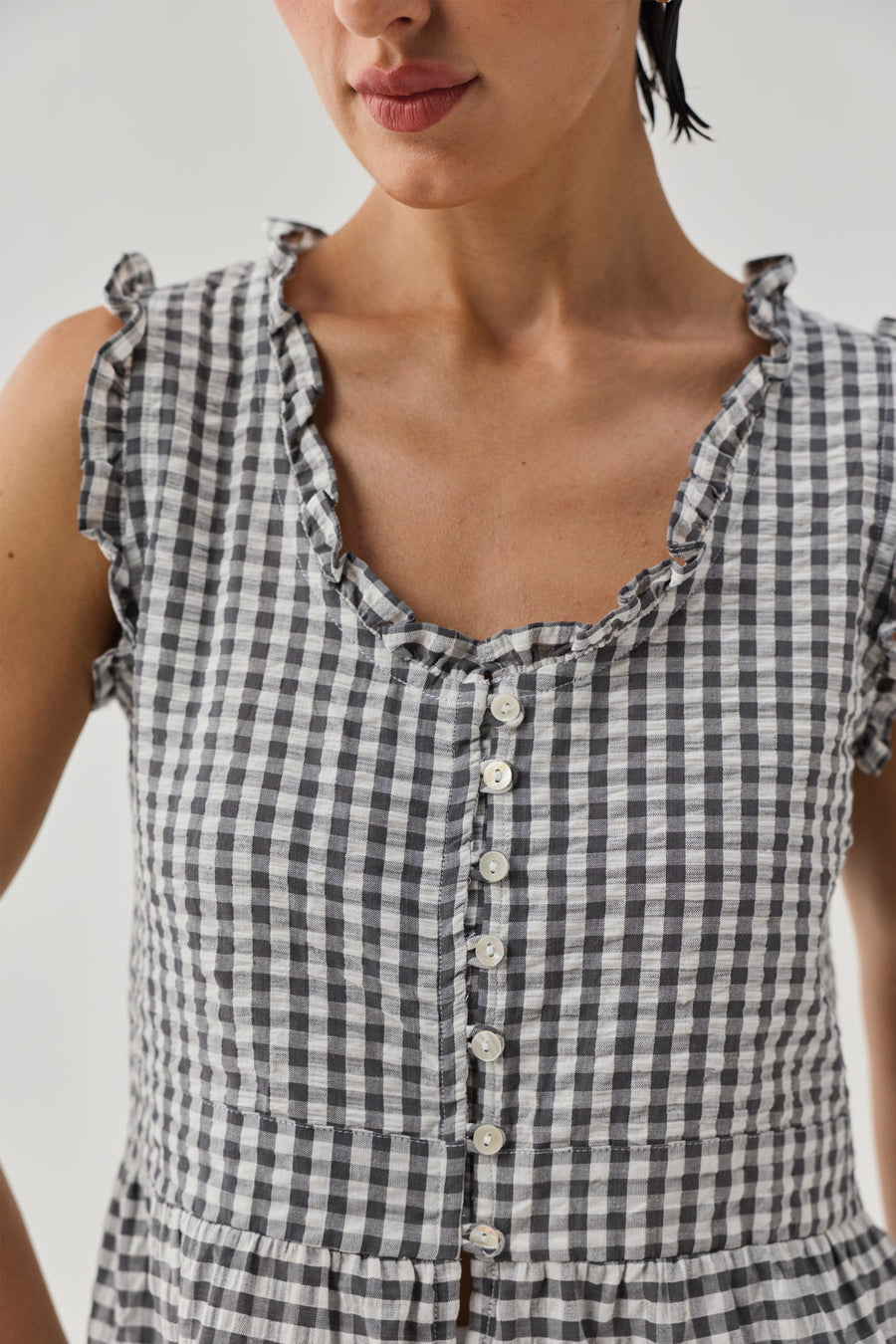 Embroidered Peplum Top in Grey Check