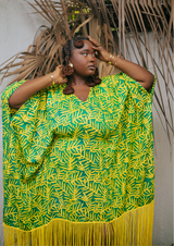 Besida Palm Green & Yellow Fringe Kaftan Dress | Women's size inclusive fashion - Front View