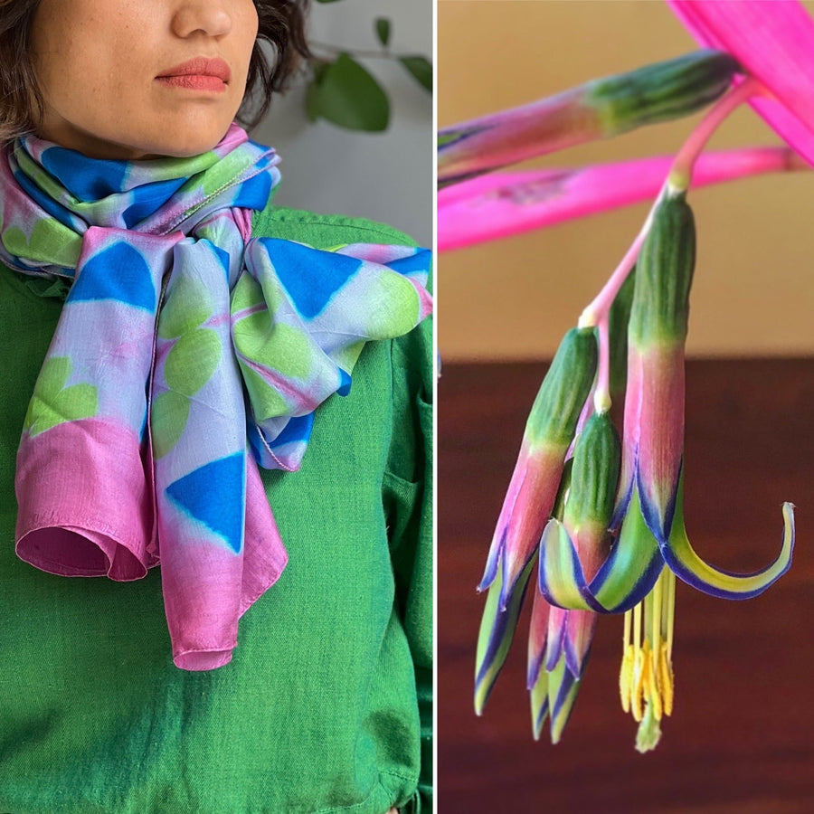 Fyoli Fyoli MIRA Handwoven Clamp Dyed Mulberry Silk Stole in Purple Green - women's artisan scarf